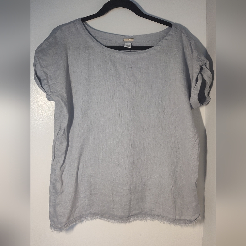 Women Magaschoni Tunic Top Light Blue Short Sleeve 100% Linen Raw Hem Size S#553